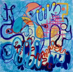 Abstract Painting with squiggle lines, grids, and bright colors.