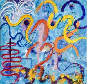 Abstract Painting with squiggle lines and bright colors.
