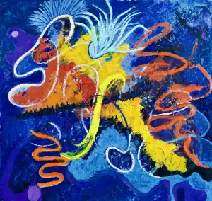 Abstract Painting with squiggle lines and bright colors.