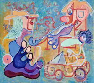 Colorful painting with abstracted figures.