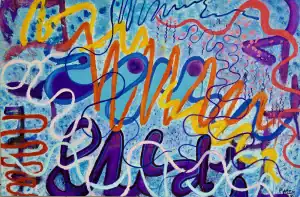 Colorful abstract painting with squiggly lines.