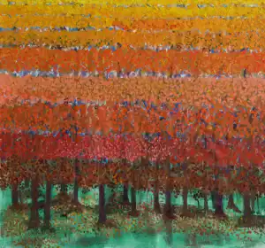 Painting of abstracted trees that uses gradients of warm colors.