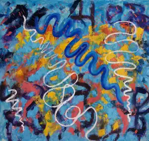 Colorful abstract painting with squiggly lines.