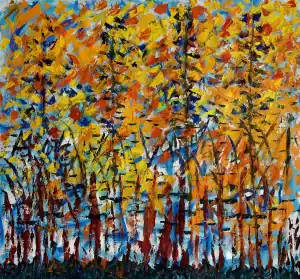 Vibrant abstract painting of an autumn forest with colorful leaves and trees.