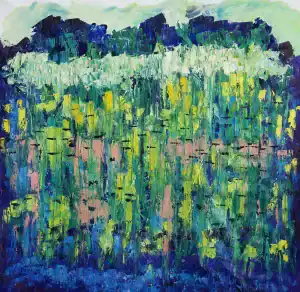 Vibrant abstract landscape painting featuring lush greenery, colorful flowers, and bold brushstrokes.