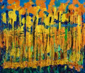 Autumn forest scene in vibrant, bold colors with expressive brushstrokes.