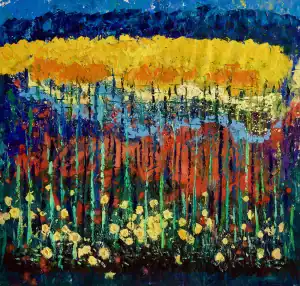 Abstract floral art with bold colors and textured brushstrokes.