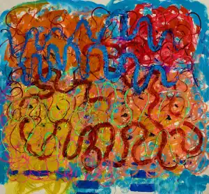Colorful abstract painting with swirling lines and bold hues by Robert Piatek.